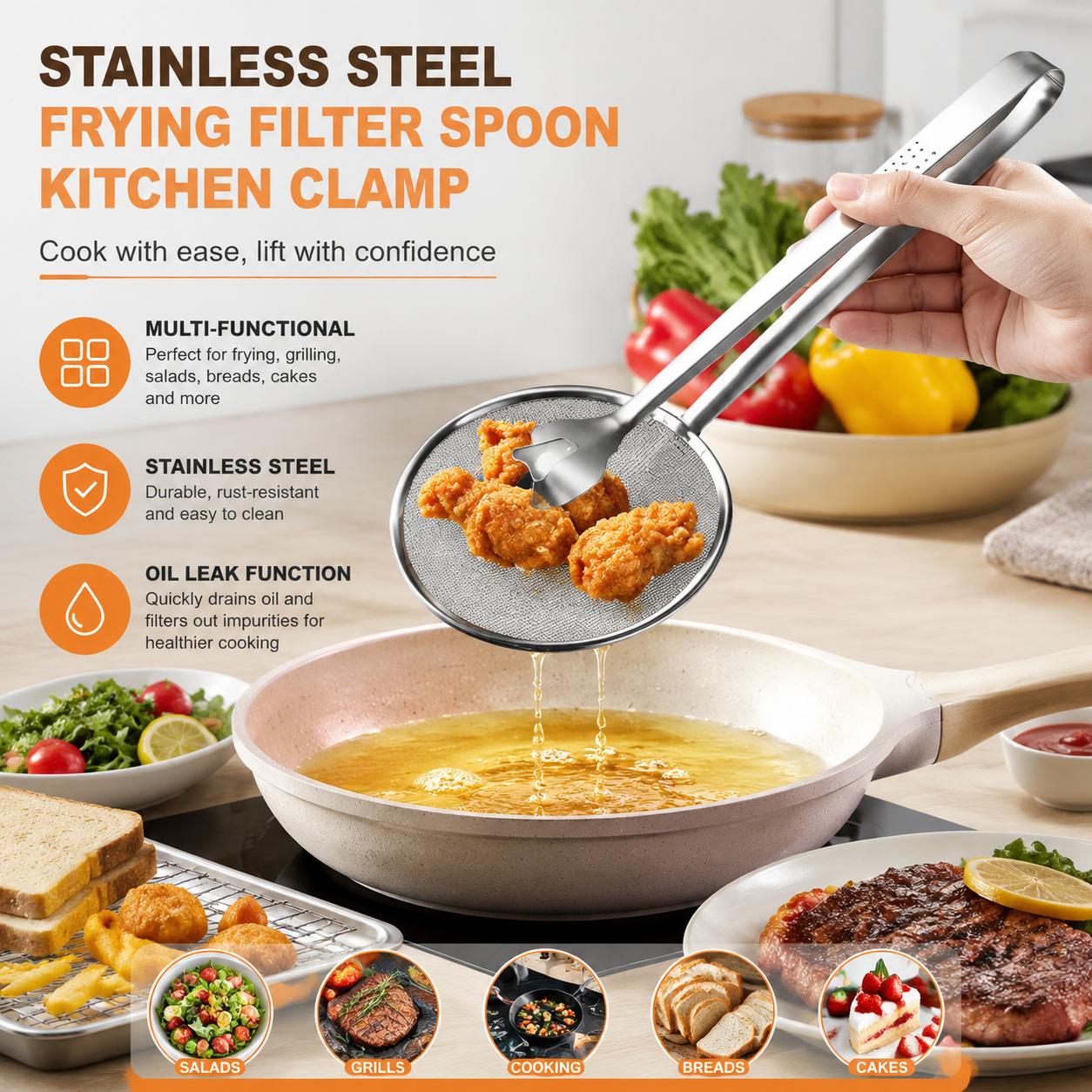 Home Cooking Oil Filter - Stainless Steel Fine Mesh Strainer Spoon